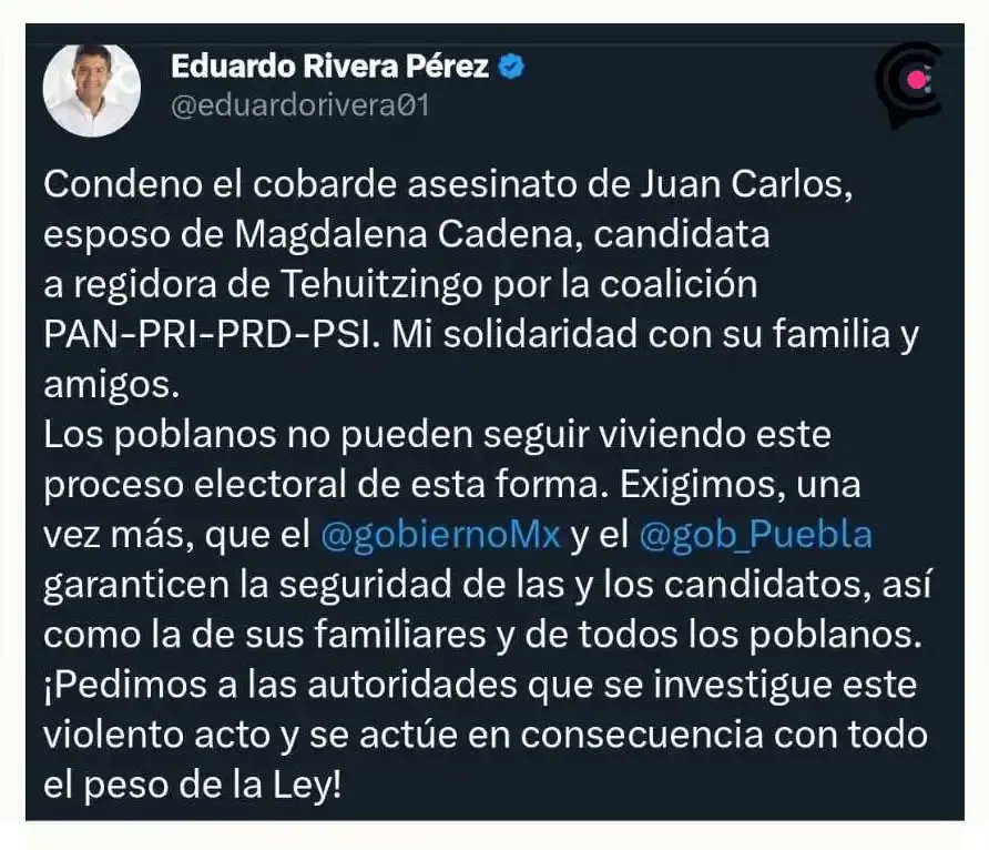 Asesinan al esposo de Magdalena Cadena, candidata a regidora de PRI-PAN-PRD-PSI en Tehuitzingo