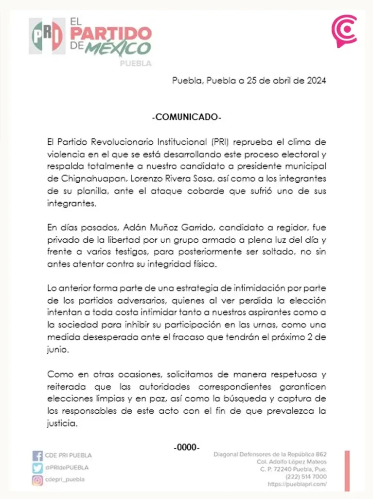 Levantan a integrante de planilla de Lorenzo Rivera, candidato a la alcaldía de Chignahuapan