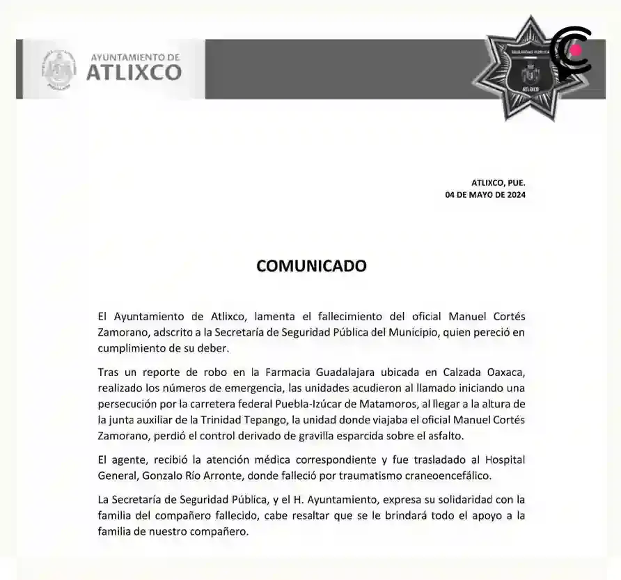 Policía municipal de Atlixco murió en volcadura durante persecución de delincuentes