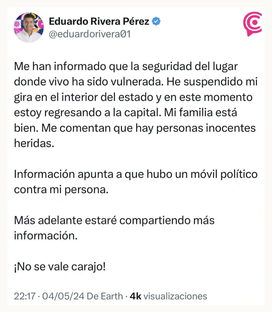 Eduardo Rivera denuncia que vulneraron seguridad del fraccionamiento en donde vive, hay una vecina herida