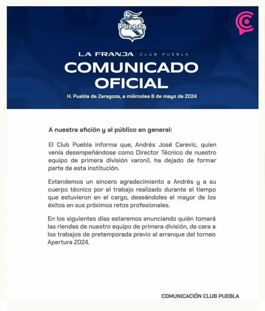 Tras breve gestión, Andrés Carevic no continuará con el Club Puebla para el Apertura 2024