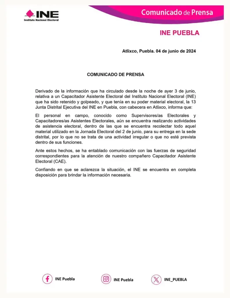 INE pide respeto a trabajadores, tras agresión a capacitador que transportaba papelería electoral en Atlixco