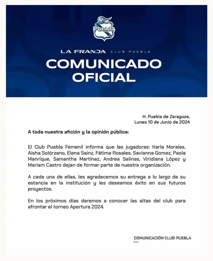 Puebla Femenil hace oficial la baja de diez jugadoras de cara al Apertura 2024 