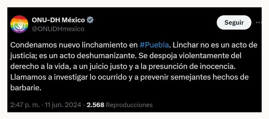 ONU condena linchamiento de cuatro hombres y golpiza contra una mujer en Atlixco
