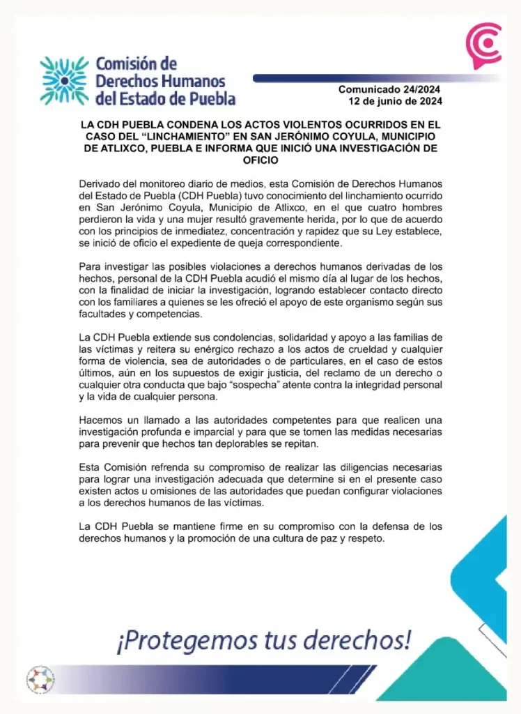 ONU condena linchamiento de cuatro hombres y golpiza contra una mujer en Atlixco