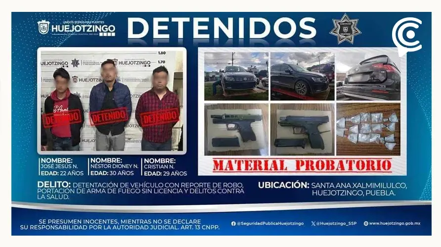 Persecución y balacera termina en la detención de tres delincuentes en Huejotzingo