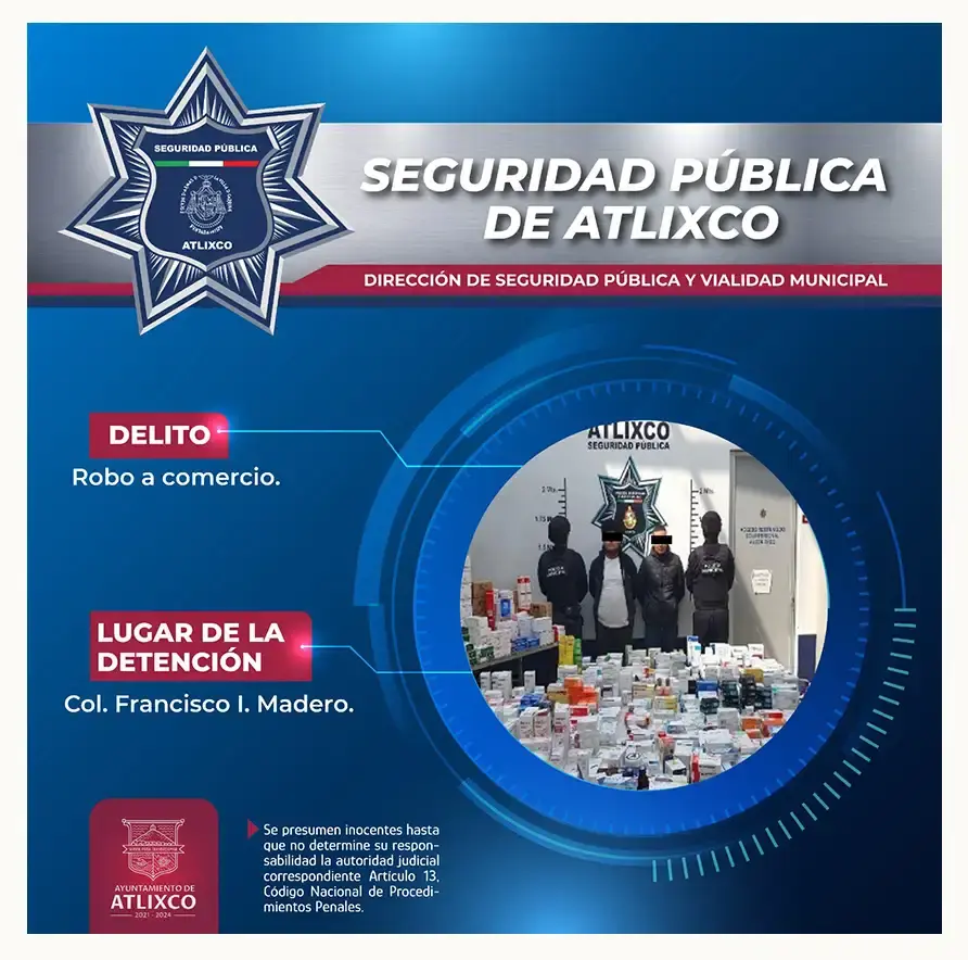 Seguridad Pública de Atlixco logra detenciones por diferentes robos