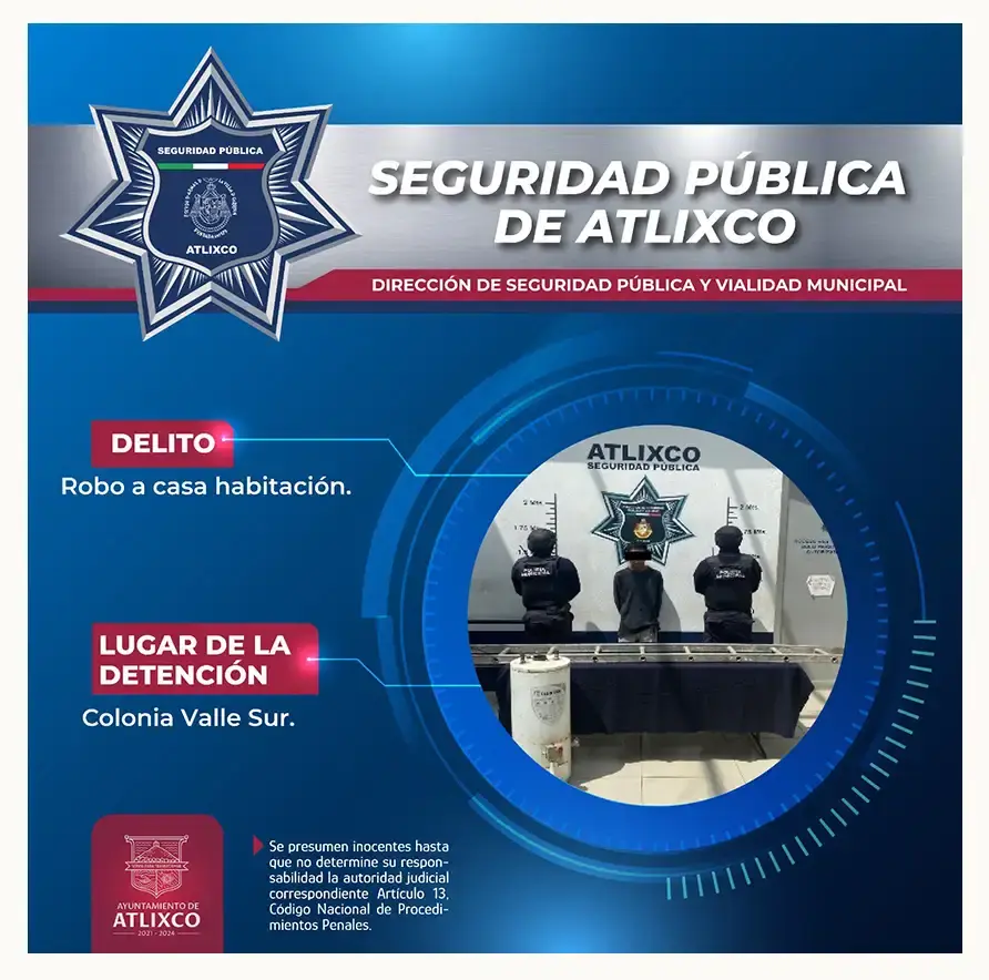 Seguridad Pública de Atlixco logra detenciones por diferentes robos