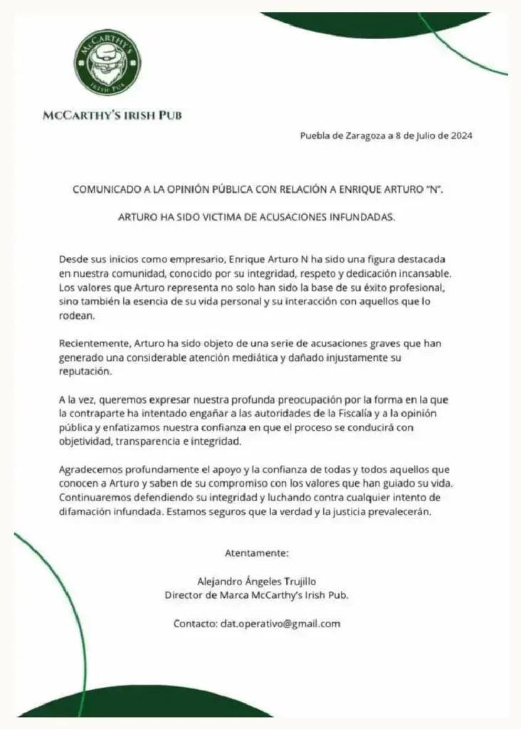 Defensa del fundador de McCarthy's Puebla espera su liberación en la próxima audiencia 