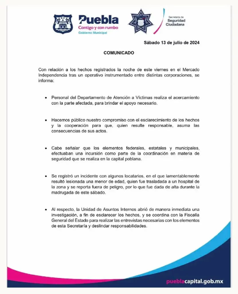 Balean niña durante operativo en el Mercado Independencia, acusan a policía municipal de Puebla 