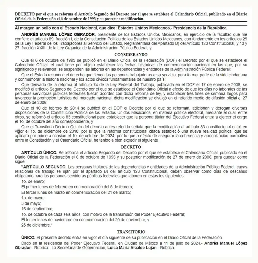 ¿Cuándo es el nuevo día de descanso obligatorio en México a partir de este 2024?
