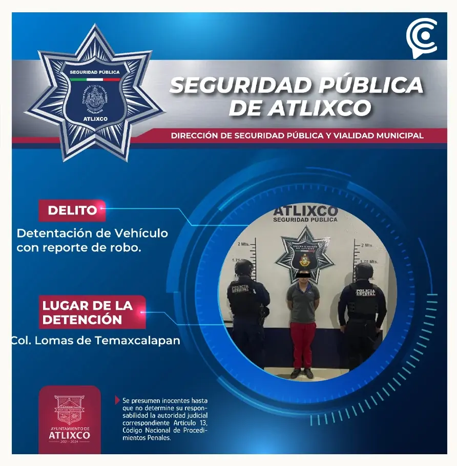 Secretaría de seguridad pública de Atlixco abate delincuencia con diversas aciones: detuvo a 6