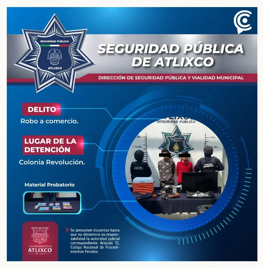 Secretaría de seguridad pública de Atlixco abate delincuencia con diversas aciones: detuvo a 6
