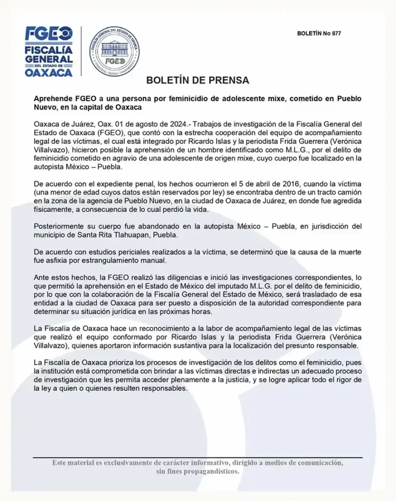 Detienen al asesino de Karina, la niña mixe víctima de feminicidio en Santa Rita Tlahuapan