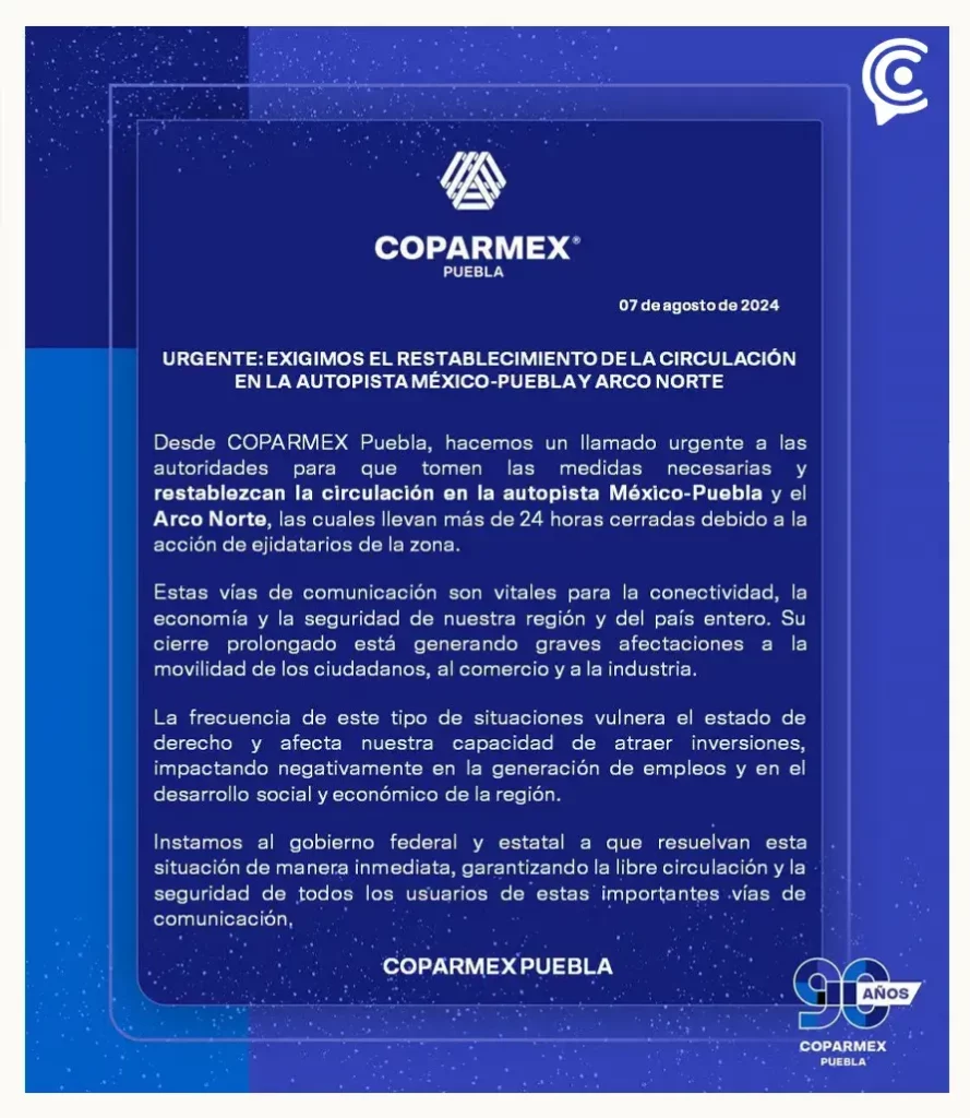 Coparmex exige la intervención de las autoridades para desbloquear la autopista México-Puebla