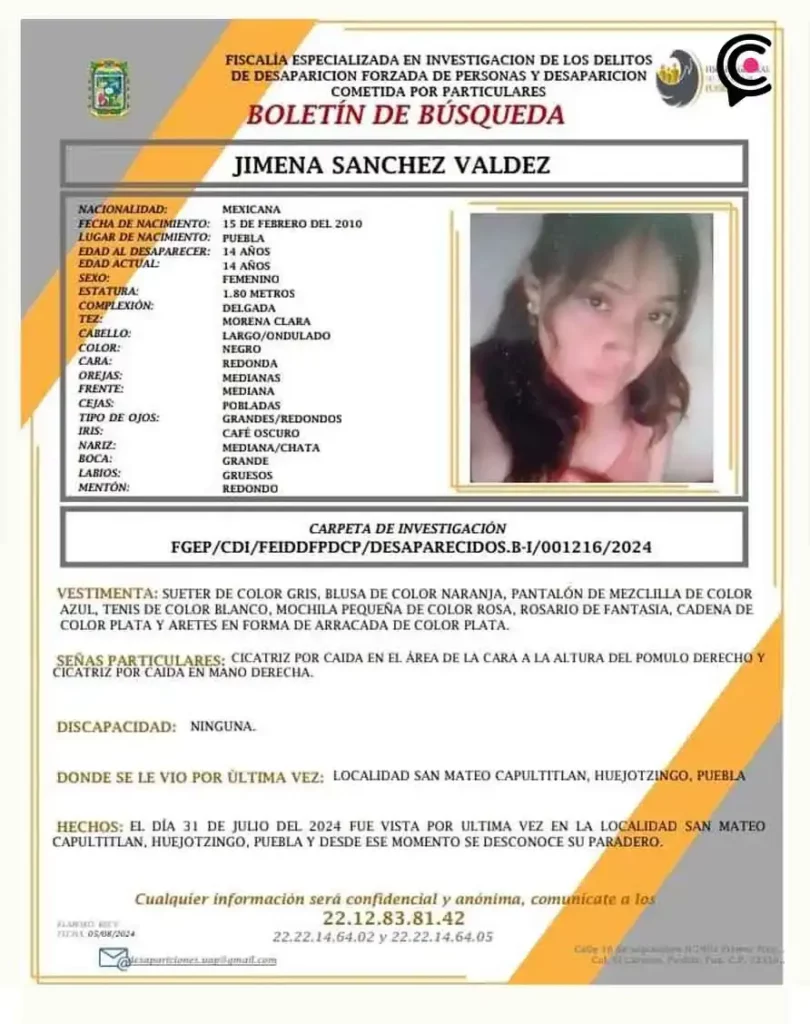Buscan a Jimena, desapareció en Huejotzingo; temen que sea víctima de trata