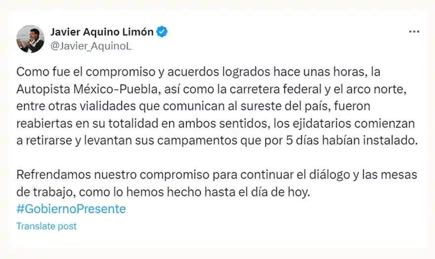 Reabren la autopista México-Puebla; autoridades y ejidatarios logran acuerdo tras cinco días de bloqueo