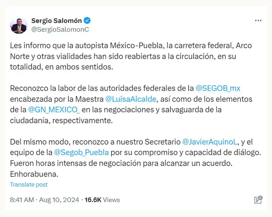 Reabren la autopista México-Puebla; autoridades y ejidatarios logran acuerdo tras cinco días de bloqueo