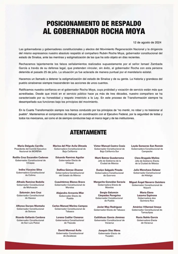 Gobernadores 4T cierran filas en torno a Rubén Rocha Moya tras señalamientos del “Mayo” Zambada