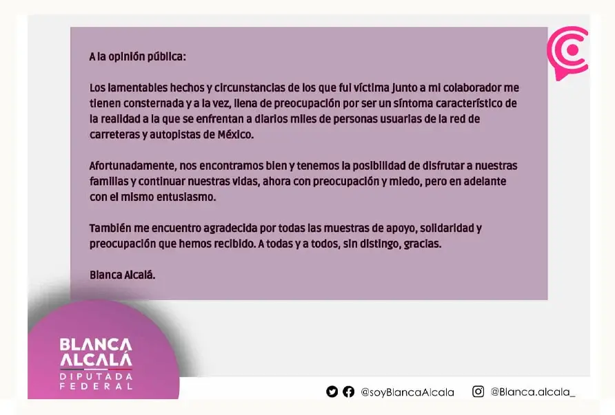 Blanca Alcalá es víctima de secuestro exprés en Chalco, Edomex; la liberan tras vaciar sus tarjetas