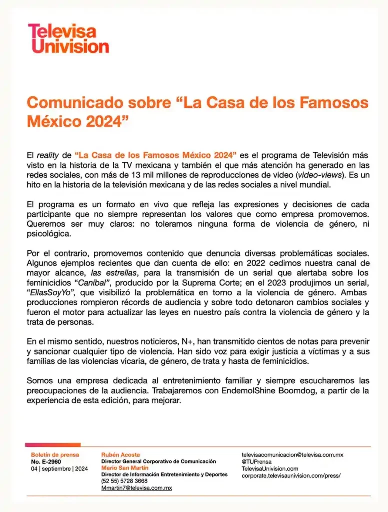 Televisa Univisión rechaza violencia en La Casa de los Famosos tras salida de Adrián Marcelo