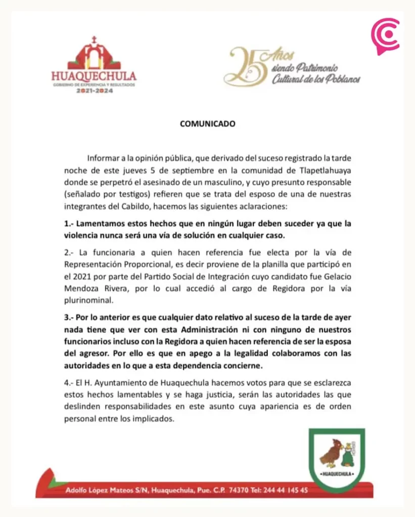 Acusan de asesinato a esposo de regidora de Huaquechula; ayuntamiento se deslinda de ambos
