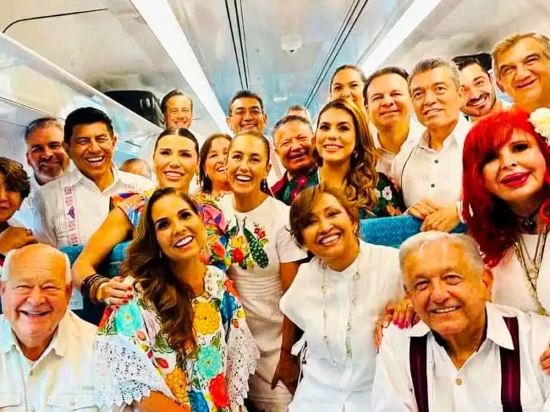 Gobernadores de Puebla acompañan a AMLO y Sheinbaum en inauguración de vagones del Tren Maya 