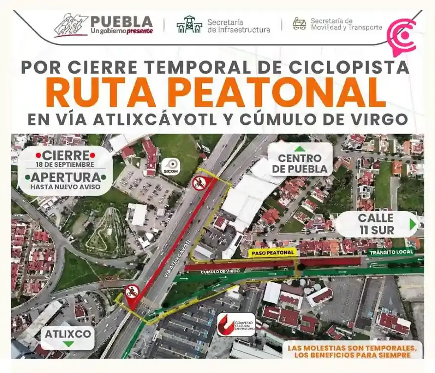 Anuncian cierres temporales en la Vía Atlixcáyotl por obras en la zona