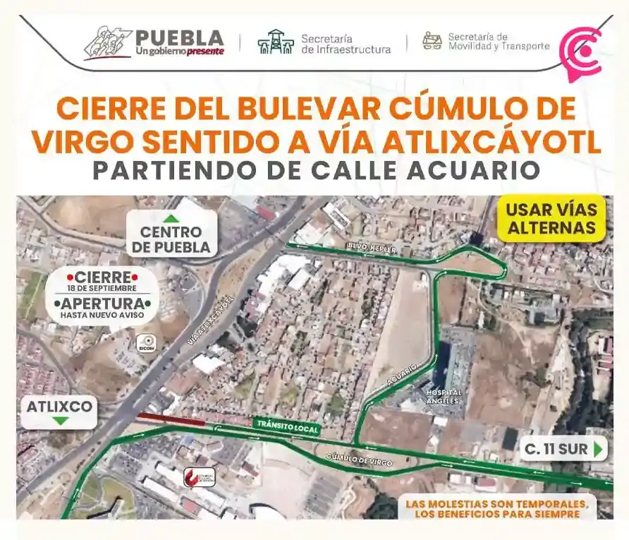 Anuncian cierres temporales en la Vía Atlixcáyotl por obras en la zona