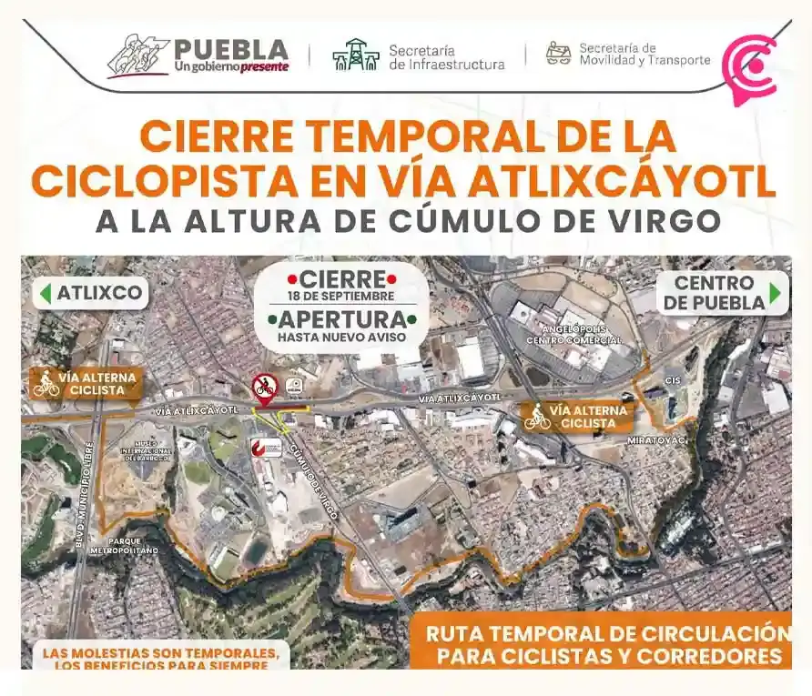 Anuncian cierres temporales en la Vía Atlixcáyotl por obras en la zona