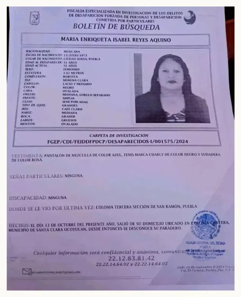 María Enriqueta es la mujer asesinada y localizada en Ocoyucan, Puebla; estaba reportada como desaparecida