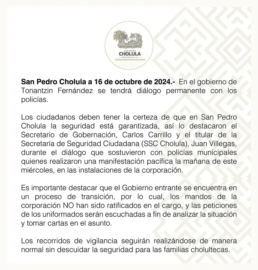 Tonantzin Fernández arranca administración con paro de labores de policías de San Pedro Cholula