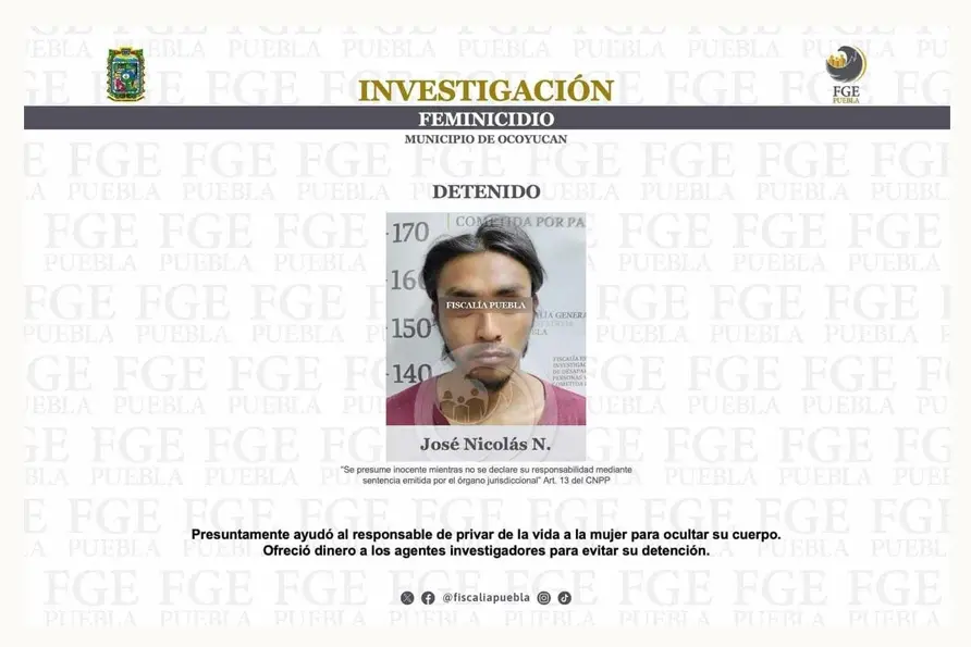 Detienen al presunto cómplice del feminicida de María Enriqueta; ocultó su cuerpo en Ocoyucan, Puebla