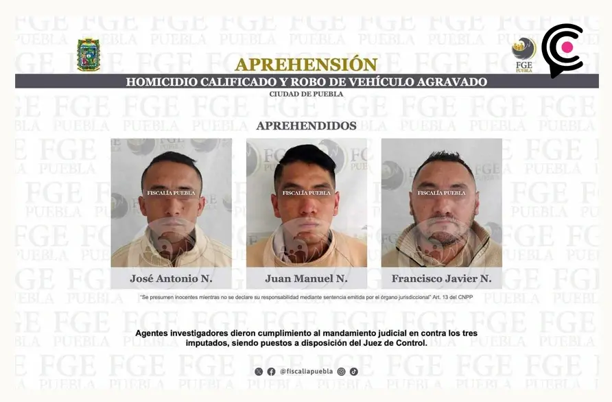 Después de cinco años, detienen a tres hombres por asesinato y robo de auto en Puebla