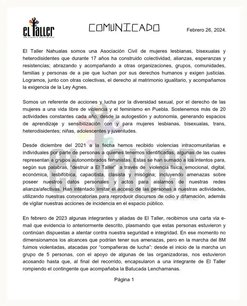 Excolaboradoras de El Taller AC acusan a lideresas feministas de violencia y acoso en Puebla