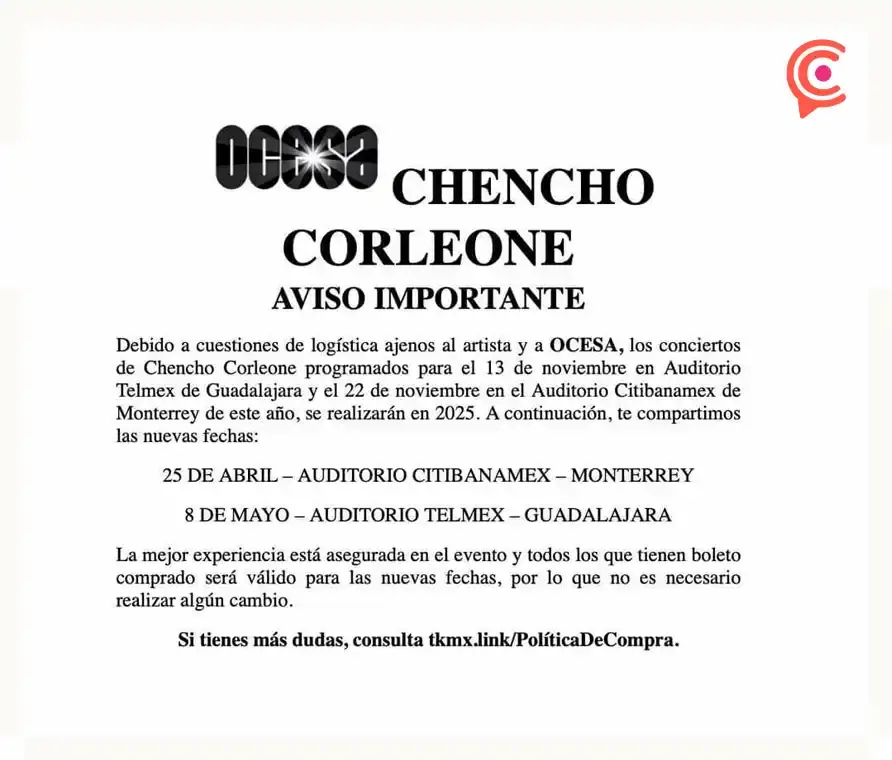 Posponen concierto de Chencho Corleone que se realizaría este 2024 en Puebla