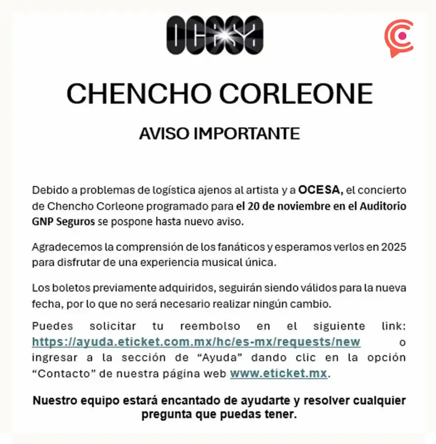 Posponen concierto de Chencho Corleone que se realizaría este 2024 en Puebla
