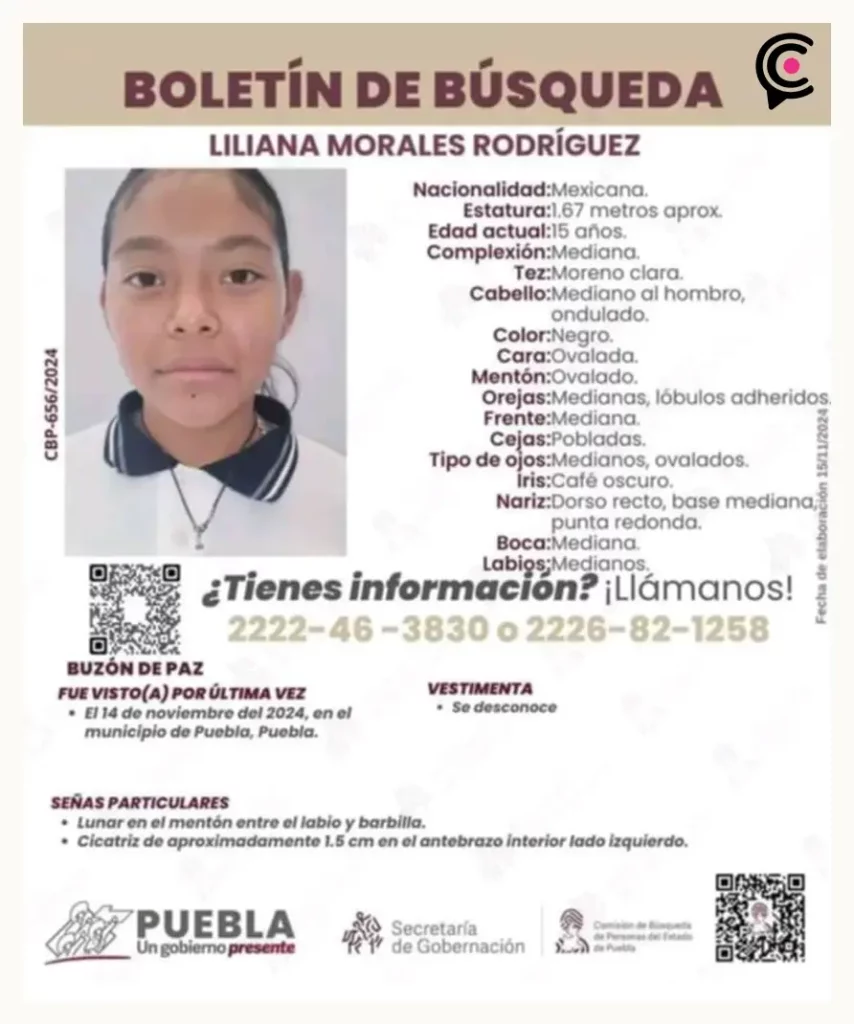 Desaparece Liliana Morales Rodríguez de 15 años en Puebla, activan Alerta Amber para localizarla