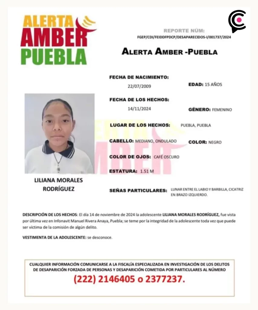 Desaparece Liliana Morales Rodríguez de 15 años en Puebla, activan Alerta Amber para localizarla