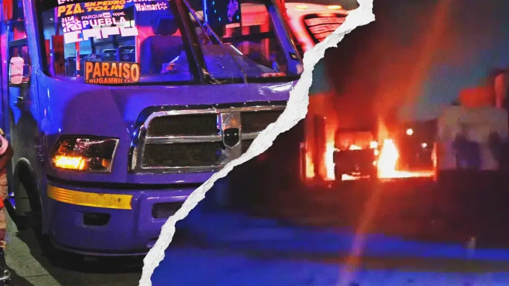 Sujetos incendiaron unidad de la ruta JBS “Morados” en Arboledas de Amalucan, Puebla 