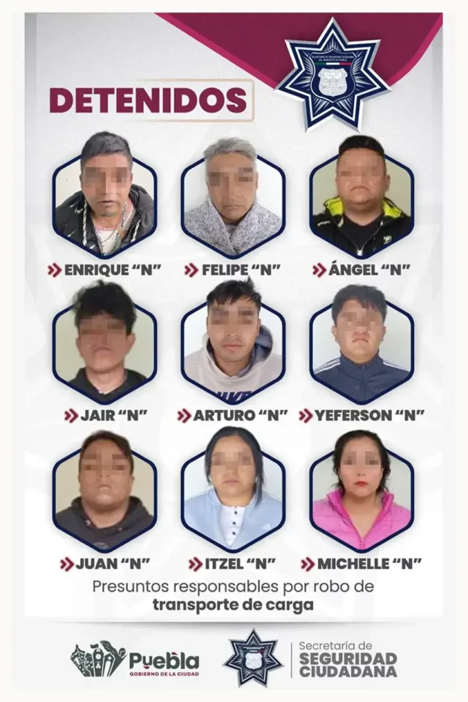 Detienen a nueve integrantes de una banda de robo a transporte de carga en Puebla