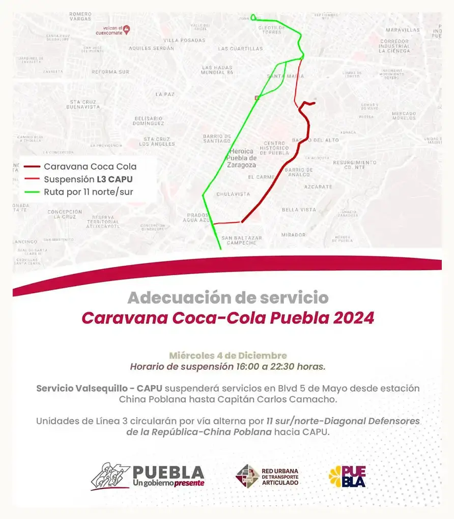Habrá cierres viales y suspensión de transporte público en Puebla por Caravana Coca Cola 2024 