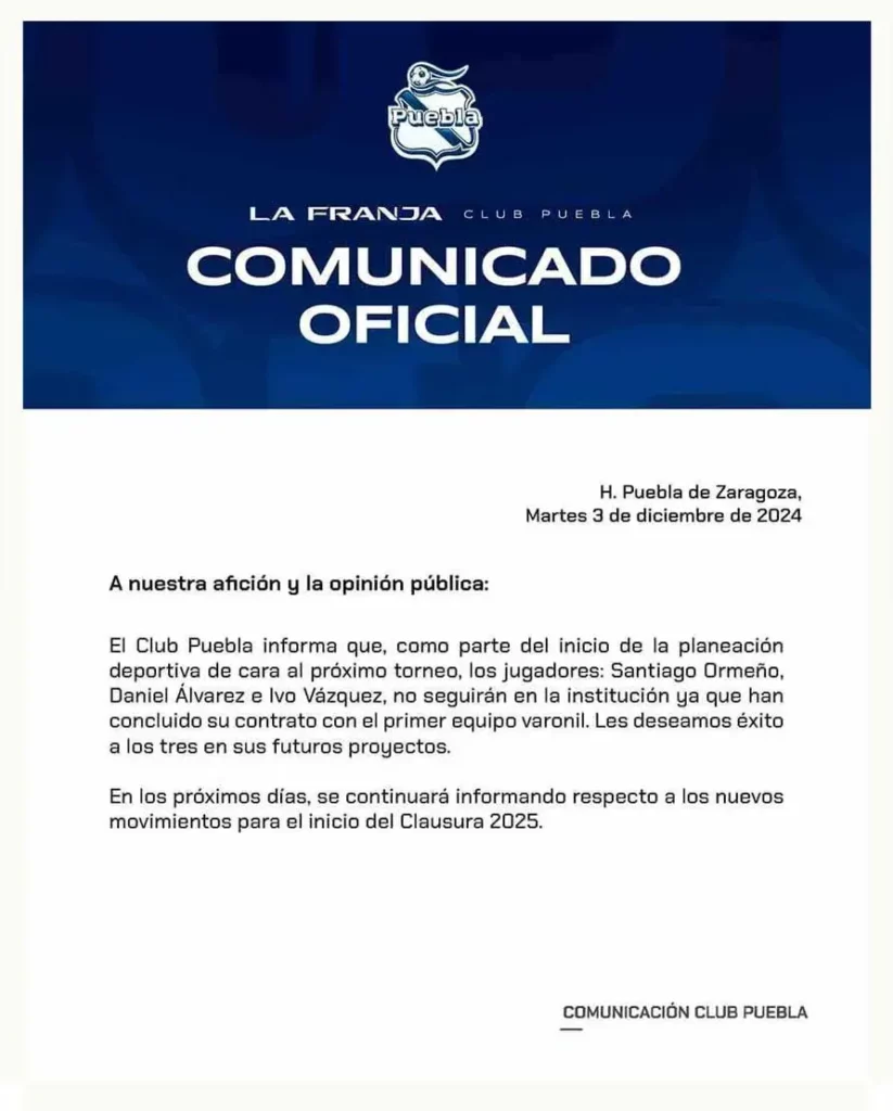 Club Puebla presenta sus primeras bajas de cara al torneo Clausura 2025