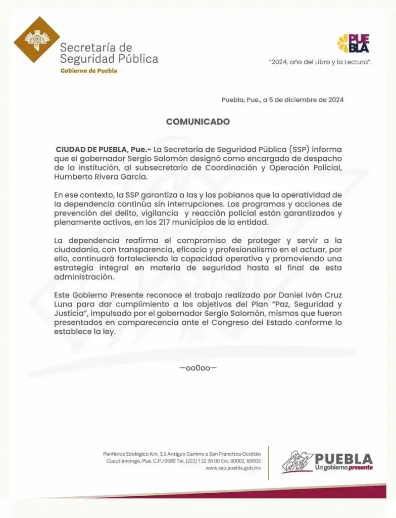Tras salida de Daniel Iván Cruz de Seguridad Pública de Puebla, nombran suplente a Humberto Rivera  