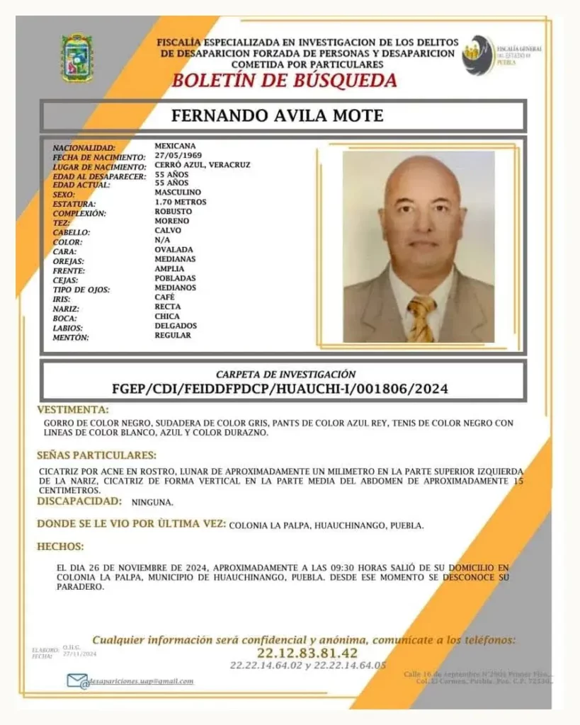 Fernando Ávila Mote desapareció cuando viajaba a Tulancingo, Hidalgo; salió de su casa en Huauchinango