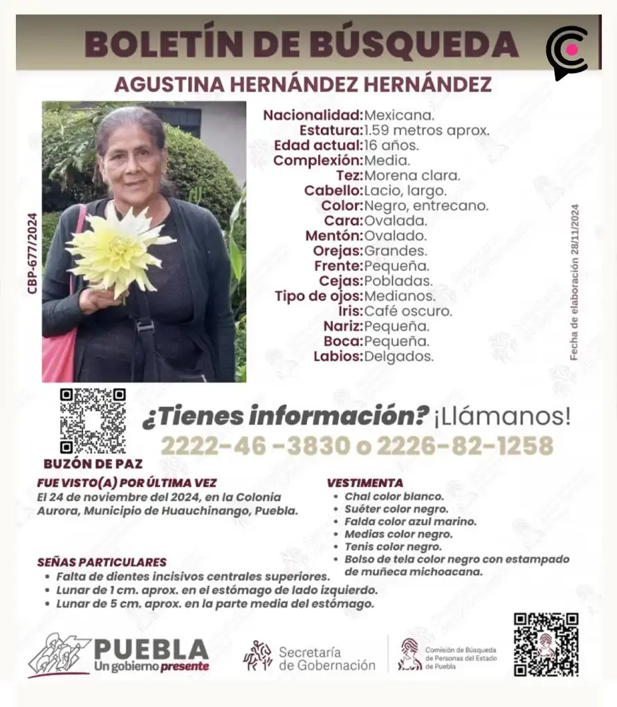 Agustina Hernández desapareció cuando fue a misa en Huauchinango, ¡ayúdanos a encontrarla! 