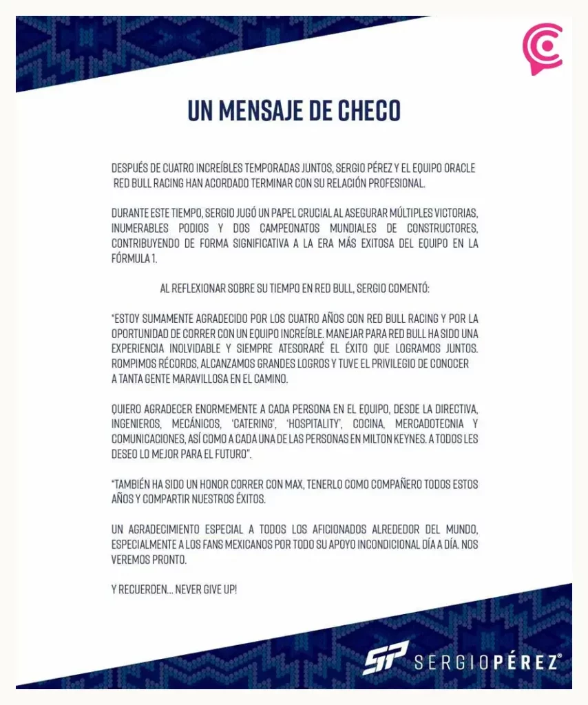 “Agradecido por los cuatro años”: Sergio “Checo” Pérez, tras su salida de Red Bull