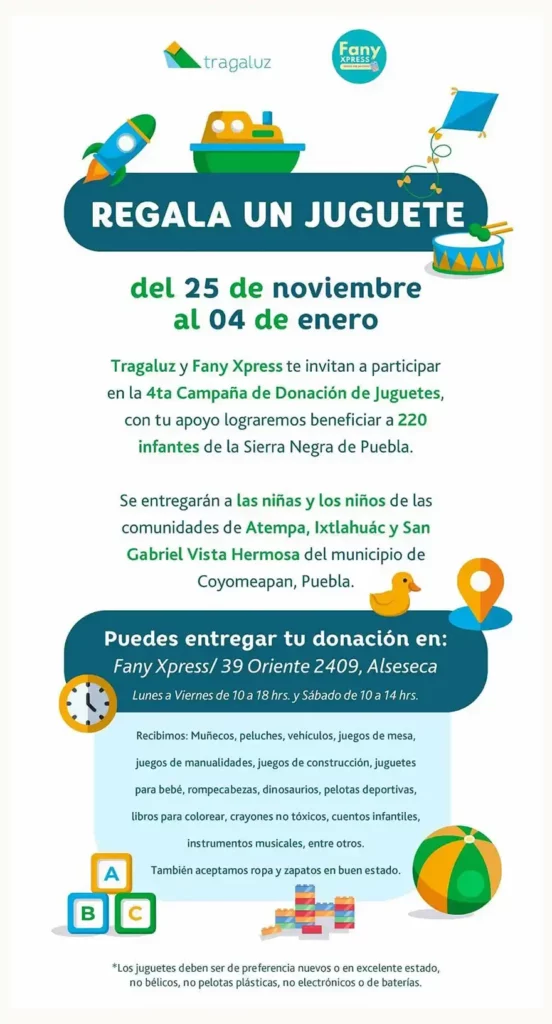 Lugares para donar juguetes en Puebla a niños necesitados el Día de Reyes