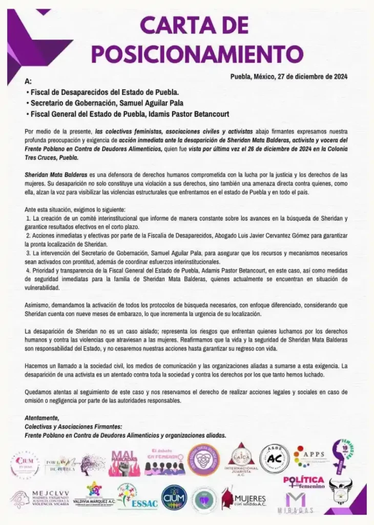 Organizaciones civiles exigen a las autoridades de Puebla la localización de Sheridan Mata