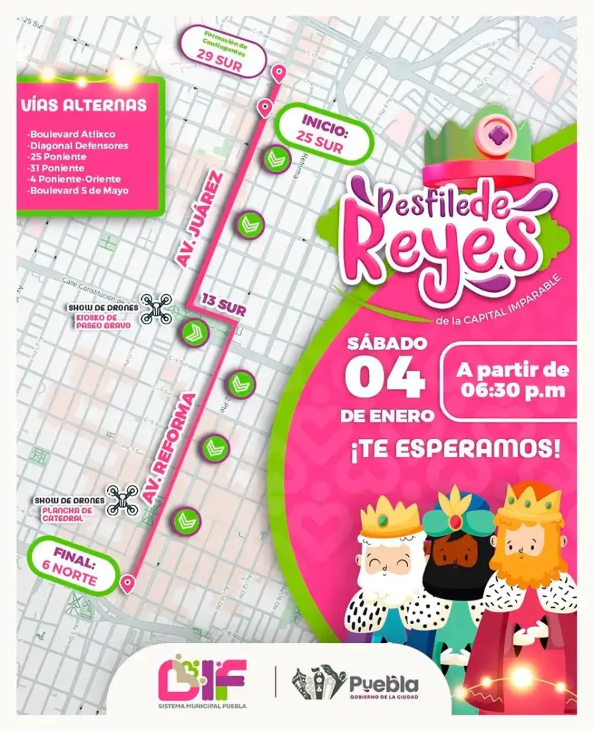 Estos serán los cierres viales por el Desfile de Reyes Magos 2025 en Puebla
